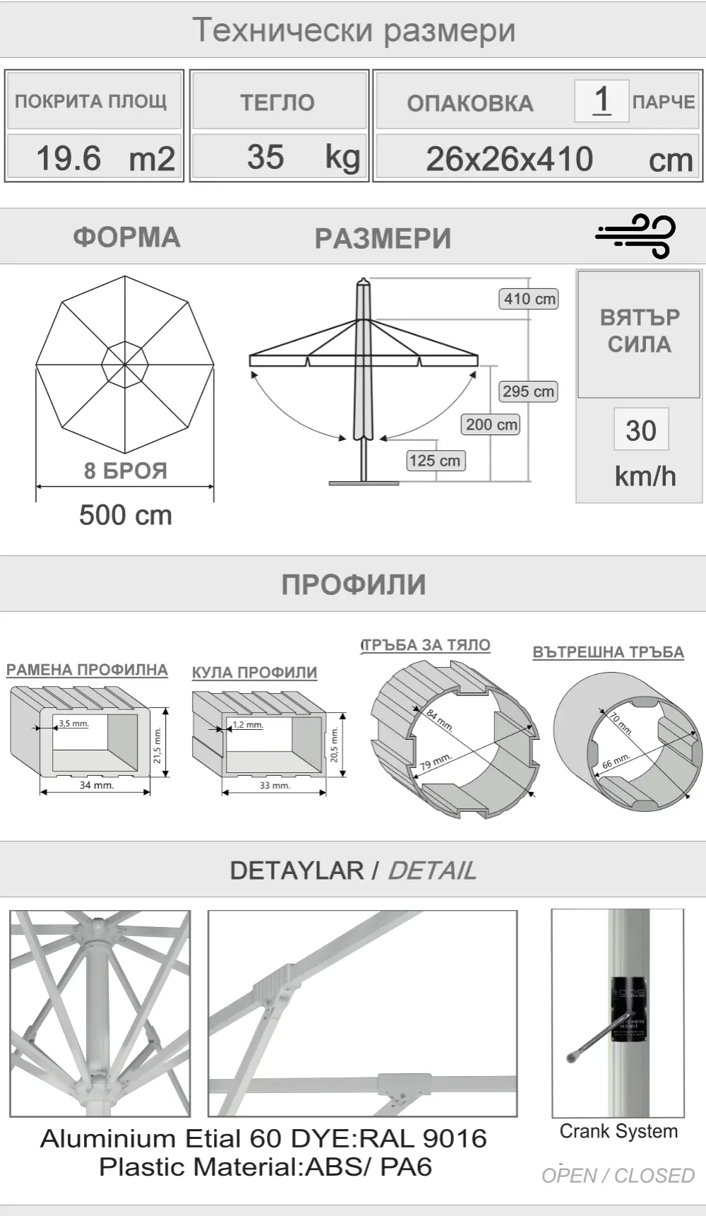 500 Размер на чадъра за кафене