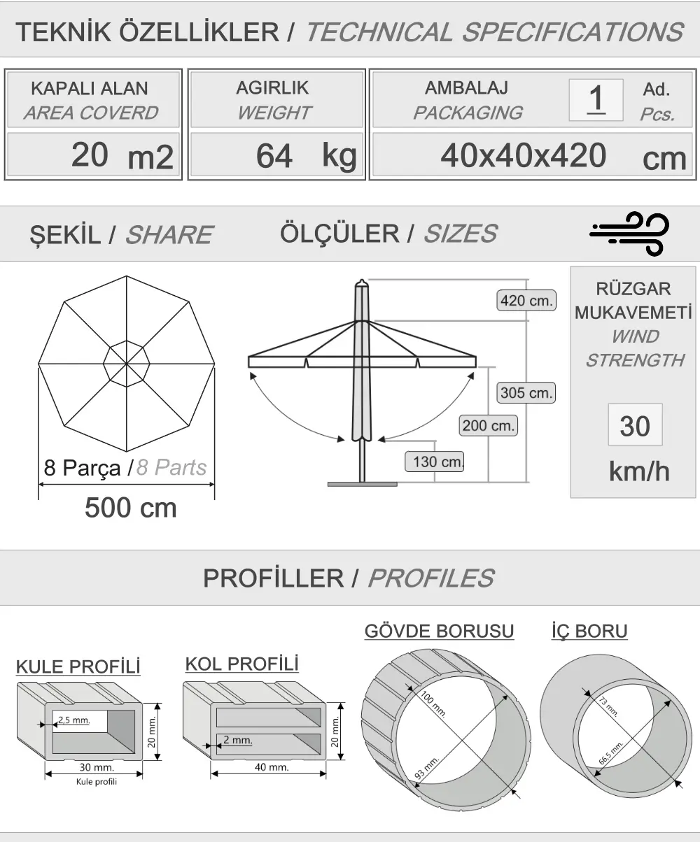 500 Silver teleskopik parapluie